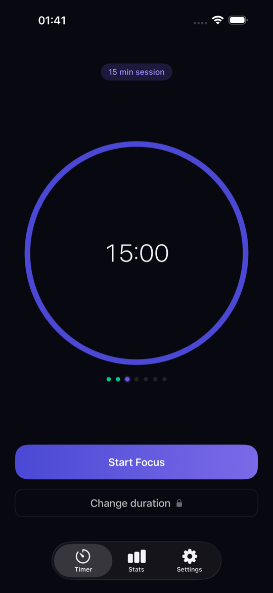 HyperFlo timer ready to start a 15-minute focus session
